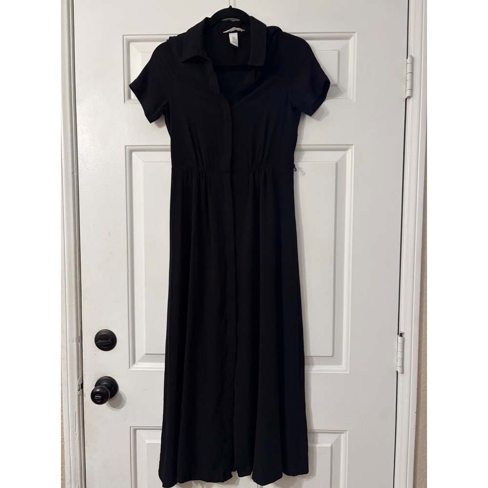 H&M | Short Sleeve Button Down Midi Dress | XS || Black|